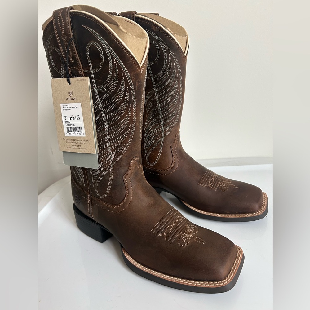 Ariat Brown Leather Round Up Western Wide Square Toe 11” Pull On Boots - Picture 1 of 10